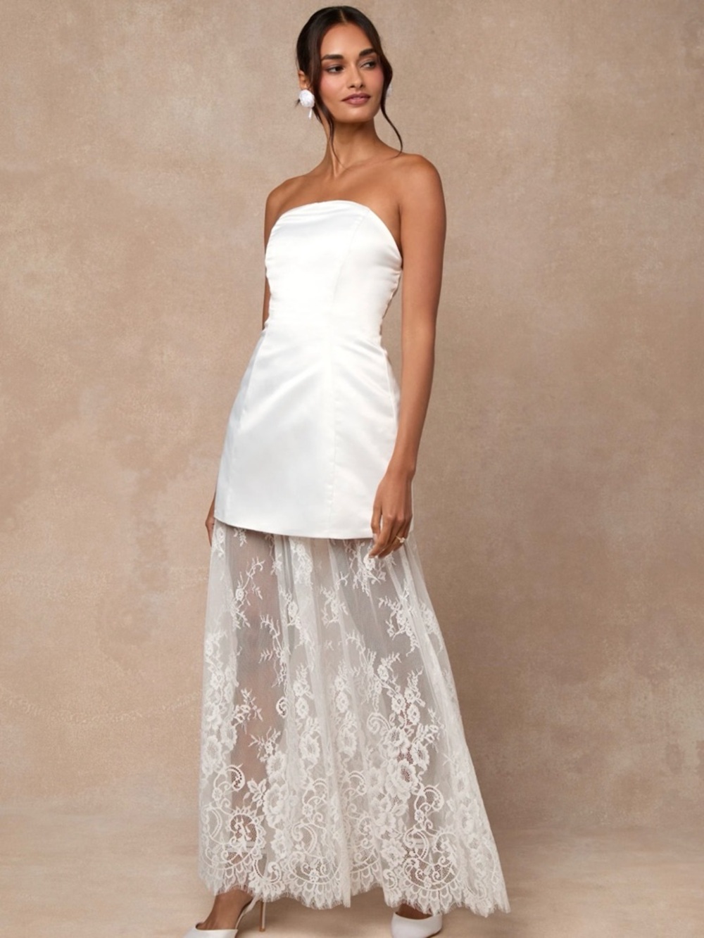 Lulu’s Winslet White Satin Sheer Hem Strapless Maxi Dress